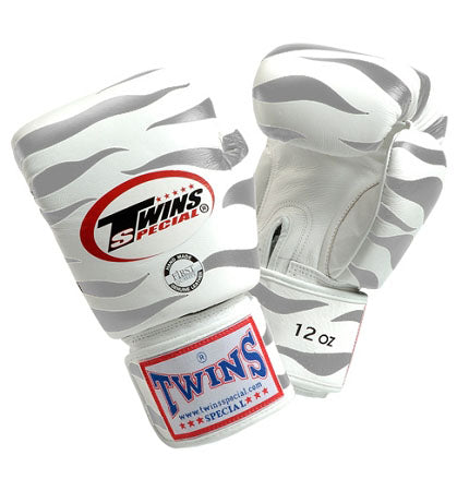 White-Silver TWINS Boxing Gloves - Tiger - Velcro Wrist - FBGV2