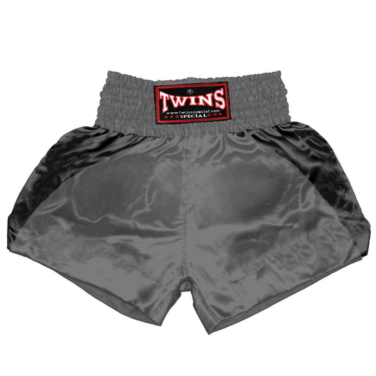 TWINS Muay Thai Shorts - Dual - Classic Tones - Reverse Curve - Black - Legs - Grey, White, Gold, Silver