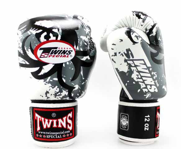 TWINS Tribal Dragon Boxing Gloves- Premium Leather- White