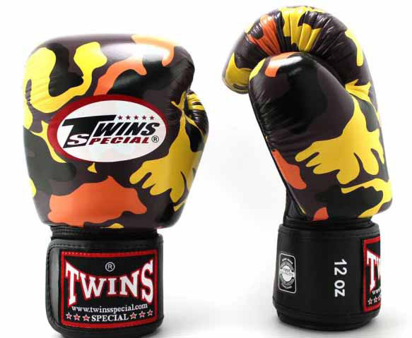 TWINS Camouflage Boxing Gloves- Premium Leather w/ Velcro - Signature - Green, Blue, Grey, Yellow, Orange, Red