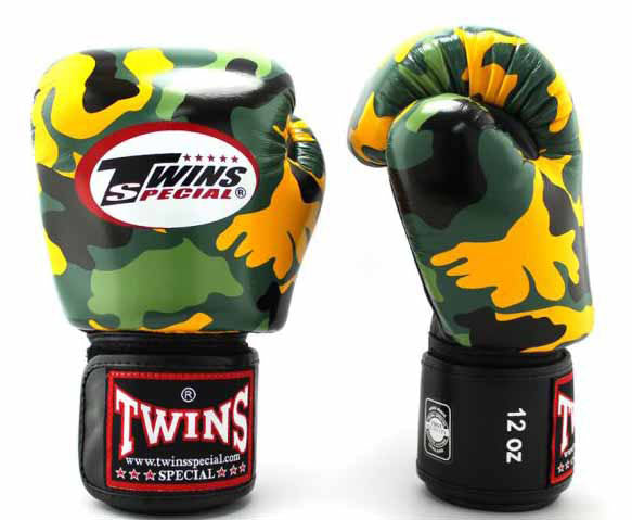 TWINS Camouflage Boxing Gloves- Premium Leather w/ Velcro - Signature - Green, Blue, Grey, Yellow, Orange, Red