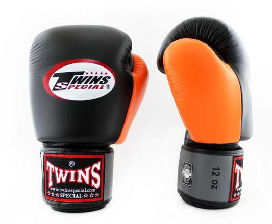 TWINS Boxing Gloves- Triple Color Thumb - Premium Leather w/ Velcro- Grey, Black, Orange