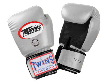 TWINS Boxing Gloves- Dual Color- Premium Leather w/ Velcro - Silver, Gold, White Fist, Black Palm