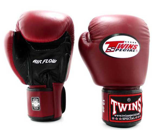 TWINS Boxing Gloves - Dual Color - Air Palm - Velcro - Black, Maroon, Red