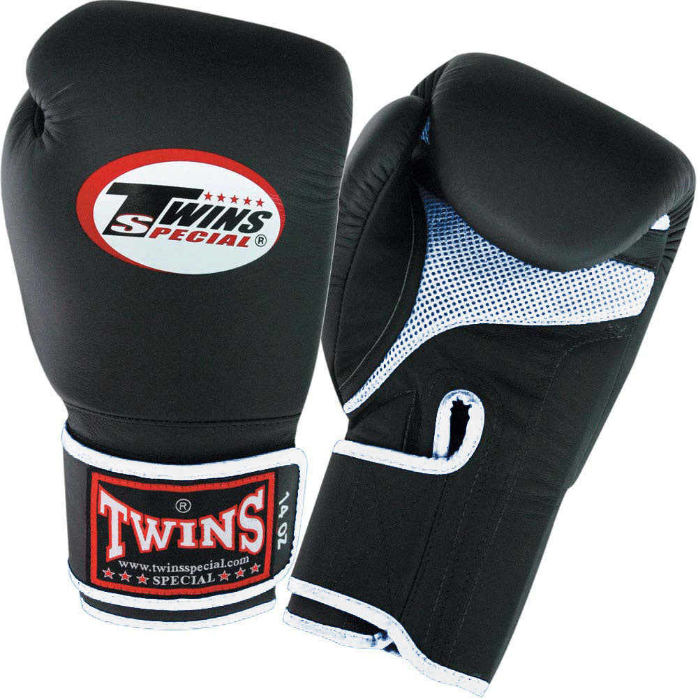 TWINS Boxing Gloves Air Velcro- Premium Leather - Black-White