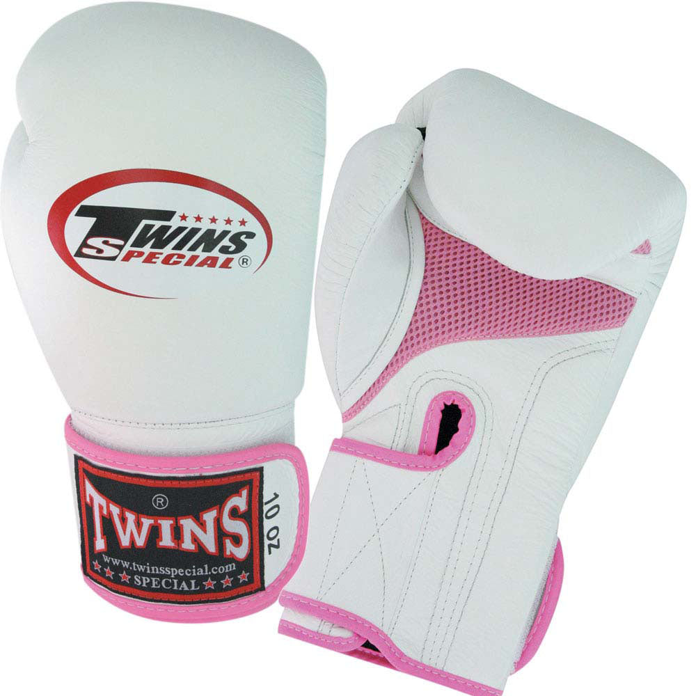 TWINS Boxing Gloves Air Velcro- Premium Leather - White-Pink-Yellow