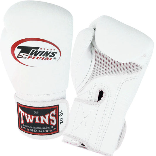 TWINS Boxing Gloves Air Velcro- Premium Leather - White-Black