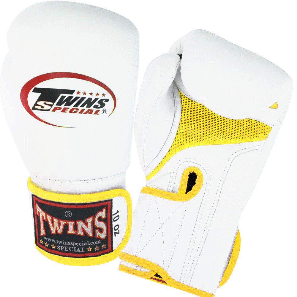 TWINS Boxing Gloves Air Velcro- Premium Leather - White-Pink-Yellow