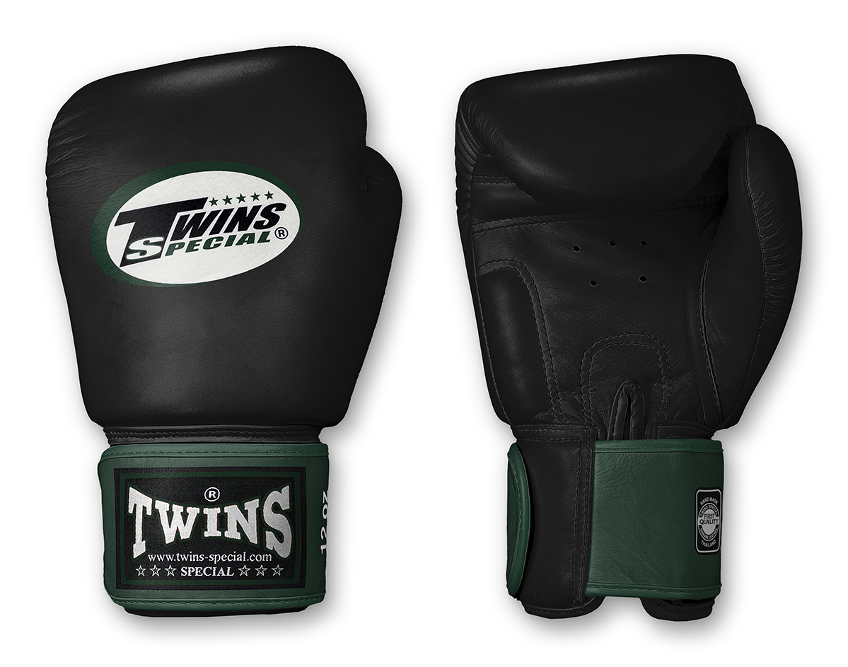 TWINS Boxing Gloves- Dual Color- 2025 Special Edition- Dark Colors- Premium Leather w/ Velcro - Black Fist, Purple, Blue, Dark-Green, Red Wrist