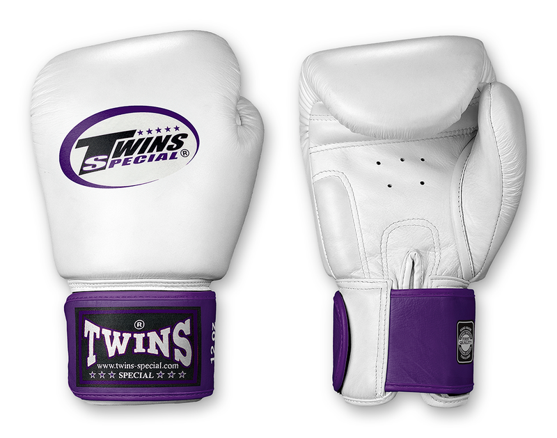 TWINS Boxing Gloves- Dual Color- 2025 Special Edition- Bold Colors- Premium Leather w/ Velcro -  White Fist, Purple, Blue, Dark-Green, Red Wrist