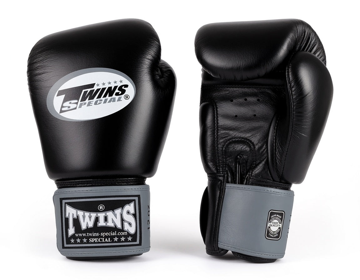 TWINS Boxing Gloves- Dual Color- 2025 Special Edition- Classic Tones- Premium Leather w/ Velcro - Black Fist, Silver, Gold, White Wrist