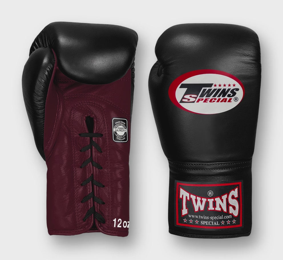 TWINS Boxing Gloves- Dual Bold Colors- Premium Leather w/ Laceup- Black Fist- Dark Brown, Dark-Green, Maroon, Purple