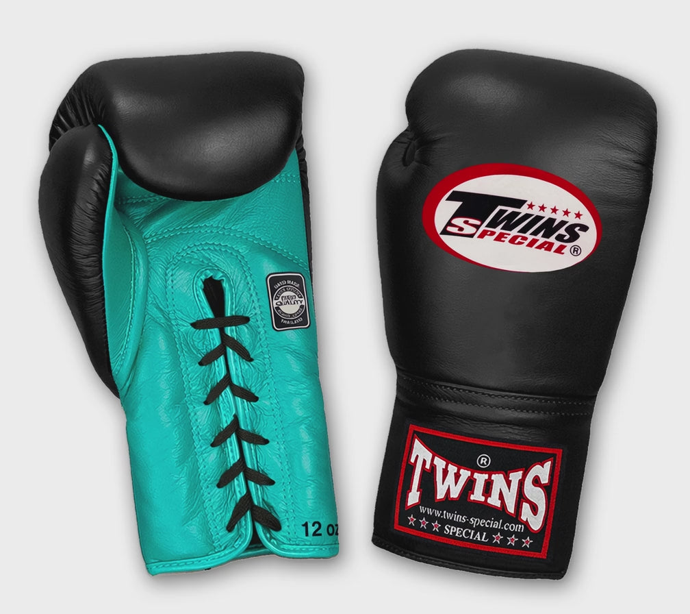 TWINS Boxing Gloves- Dual Bold Colors- Premium Leather w/ Laceup- Black Fist- Light Blue, Pink, Yellow, Orange Palm