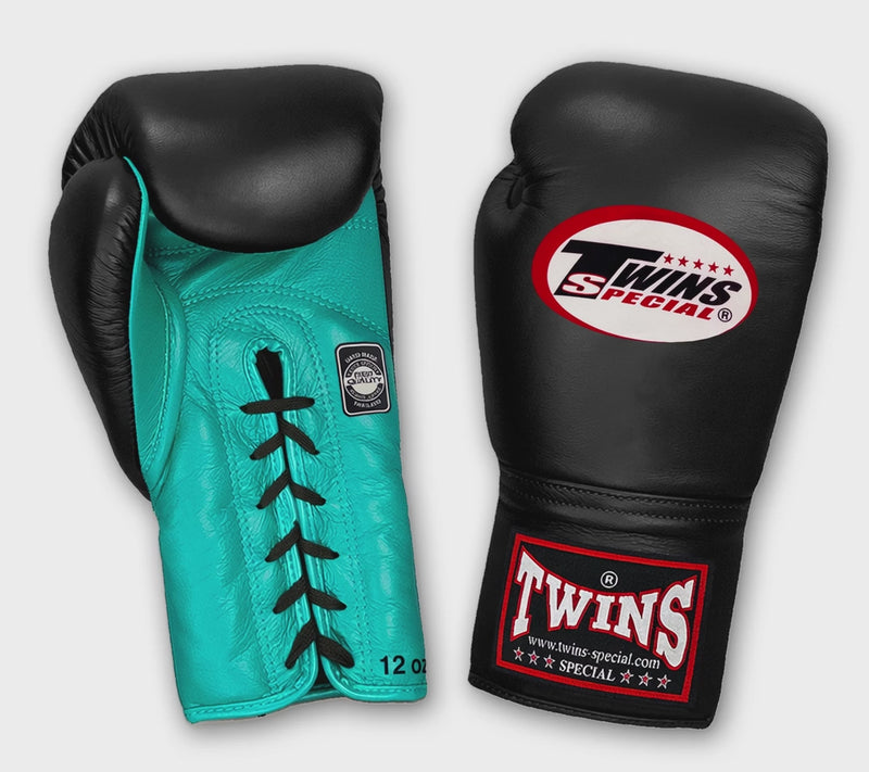 TWINS Boxing Gloves- Dual Bold Colors- Premium Leather w/ Laceup- Black Fist- Light Blue, Pink, Yellow, Orange Palm