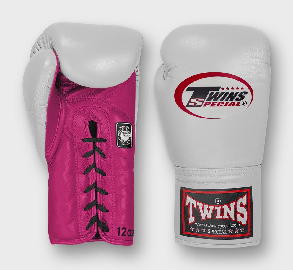 TWINS Boxing Gloves- Dual Bold Colors- Premium Leather w/ Laceup- White Fist-  Orange, Yellow, Light Blue, Pink