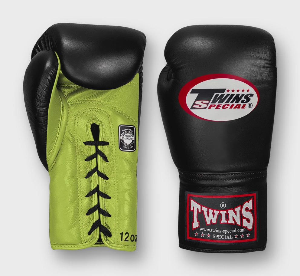 TWINS Boxing Gloves- Dual Bold Colors- Premium Leather w/ Laceup- Black Fist- Navy, Gold, Silver, Grey