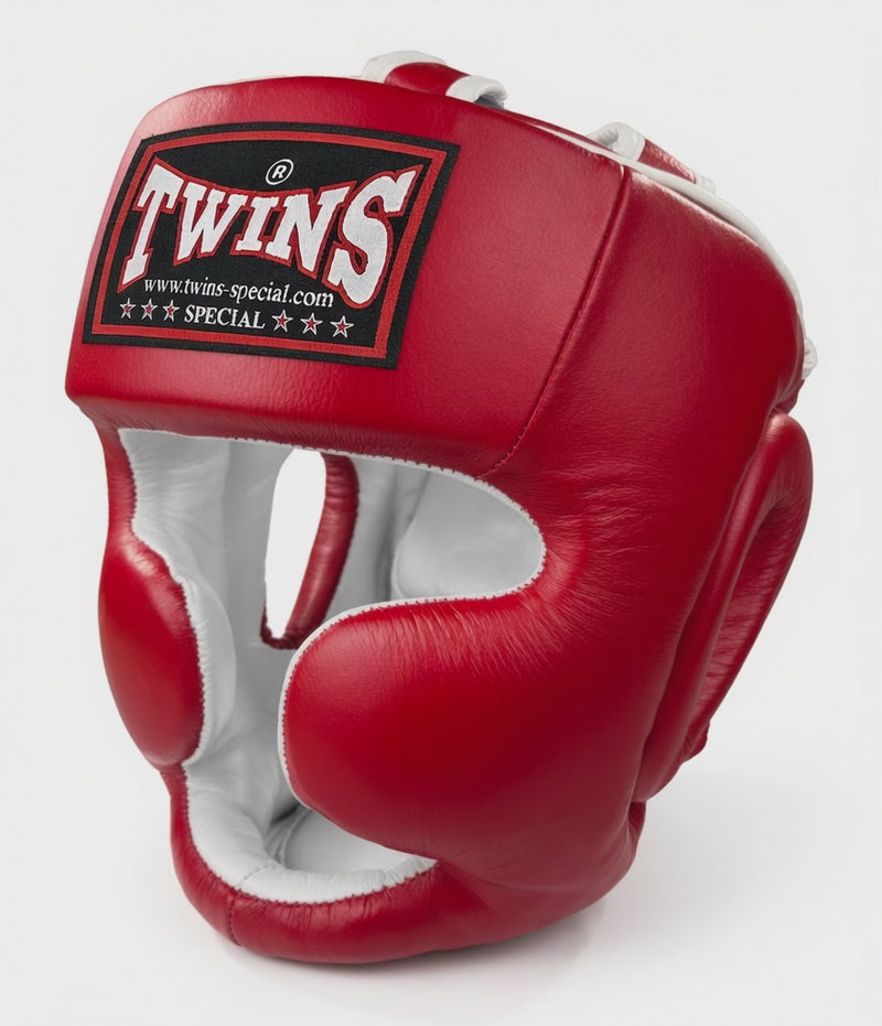TWINS Full Face Head Gear- Premium Leather w/ Lace Up - Red