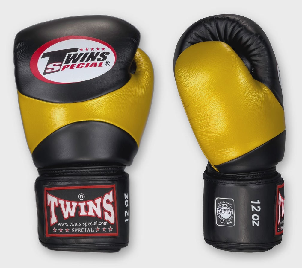 TWINS Boxing Gloves - Dual Color - Velcro - 7 - Black, Silver, Gold