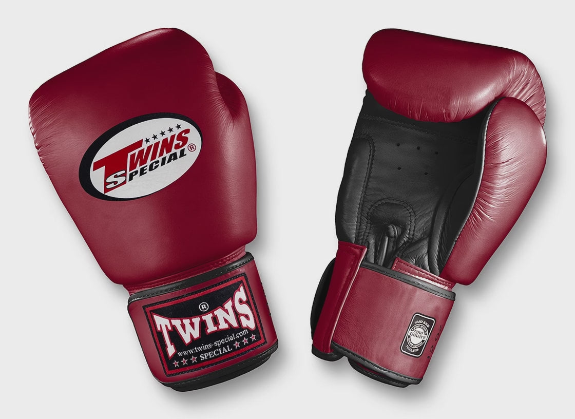 TWINS Boxing Gloves- Dual Color- Premium Leather w/ Velcro - Purple, Blue, Dark-Green, Red Fist, Black Palm